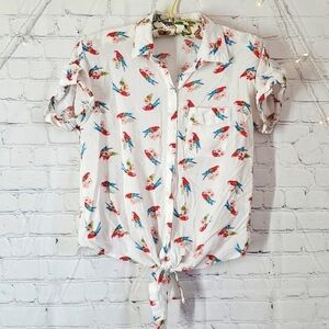 Love Notes Tropical Lightweight Parrot Print Tie Front Button Down Nautical Top